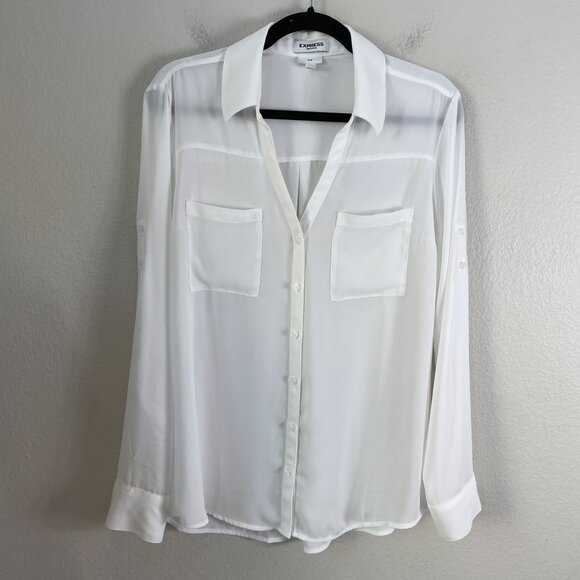 Express Portofino Shirt Womens Large Slim Fit White Button Up Blouse Top - Picture 1 of 7